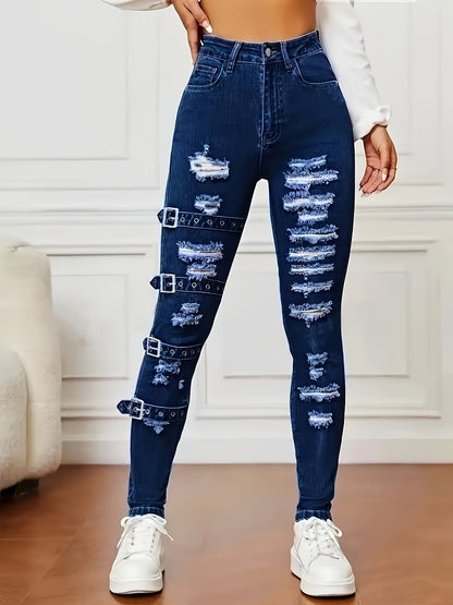 Women's Jeans - Dark Blue Distressed Stretch detail view