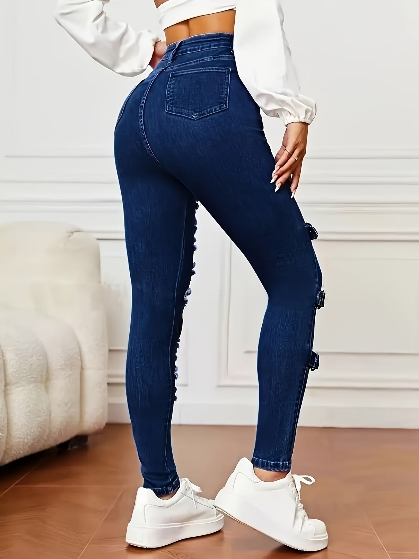 Women's Jeans - Dark Blue Distressed Stretch detail view