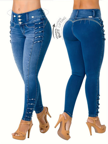 Women's Jeans - Medium Blue Button Detail – Sizes S–XXL detail view