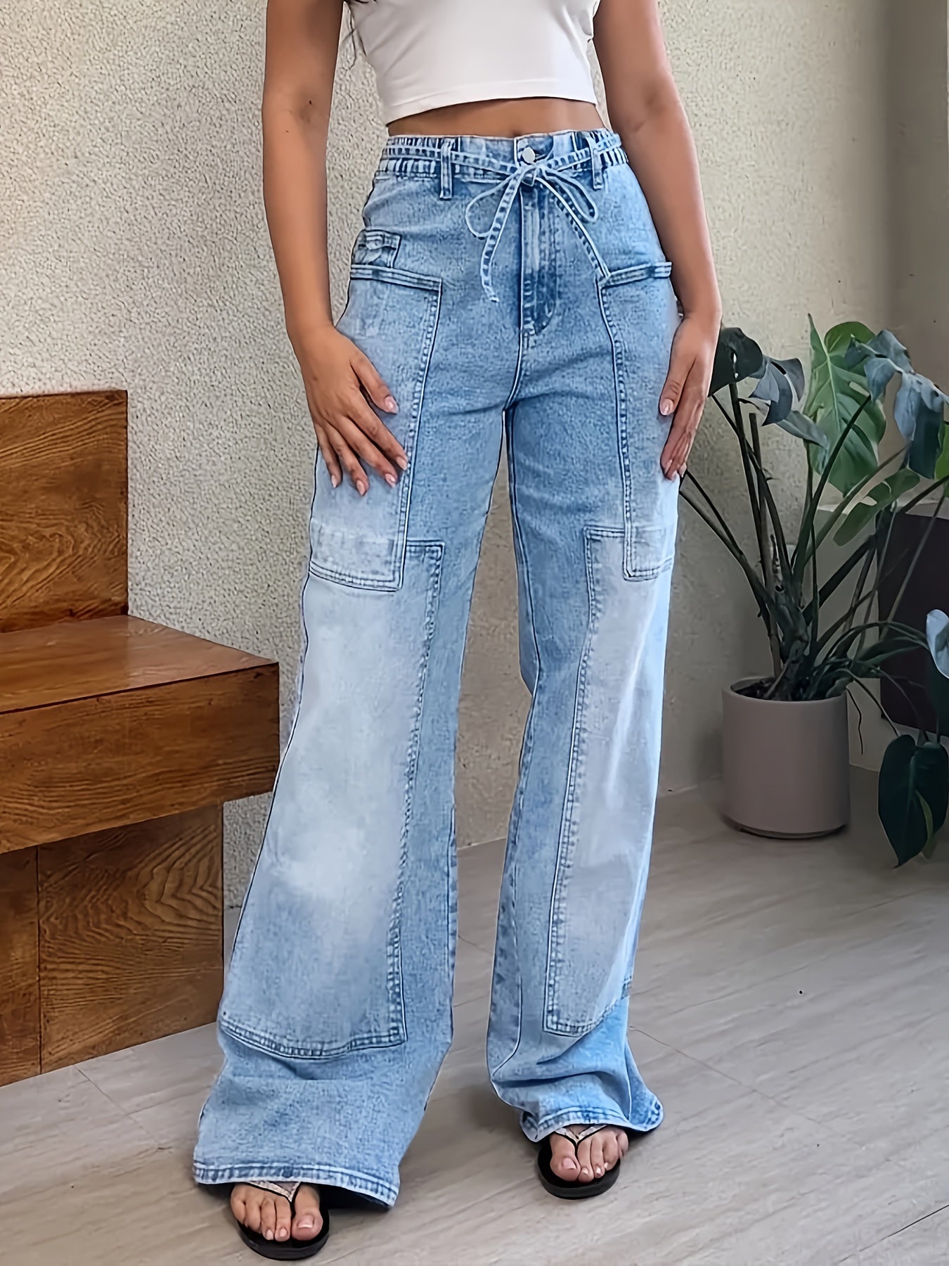 Women's Jeans - Medium Blue Vintage Wash Patchwork detail view