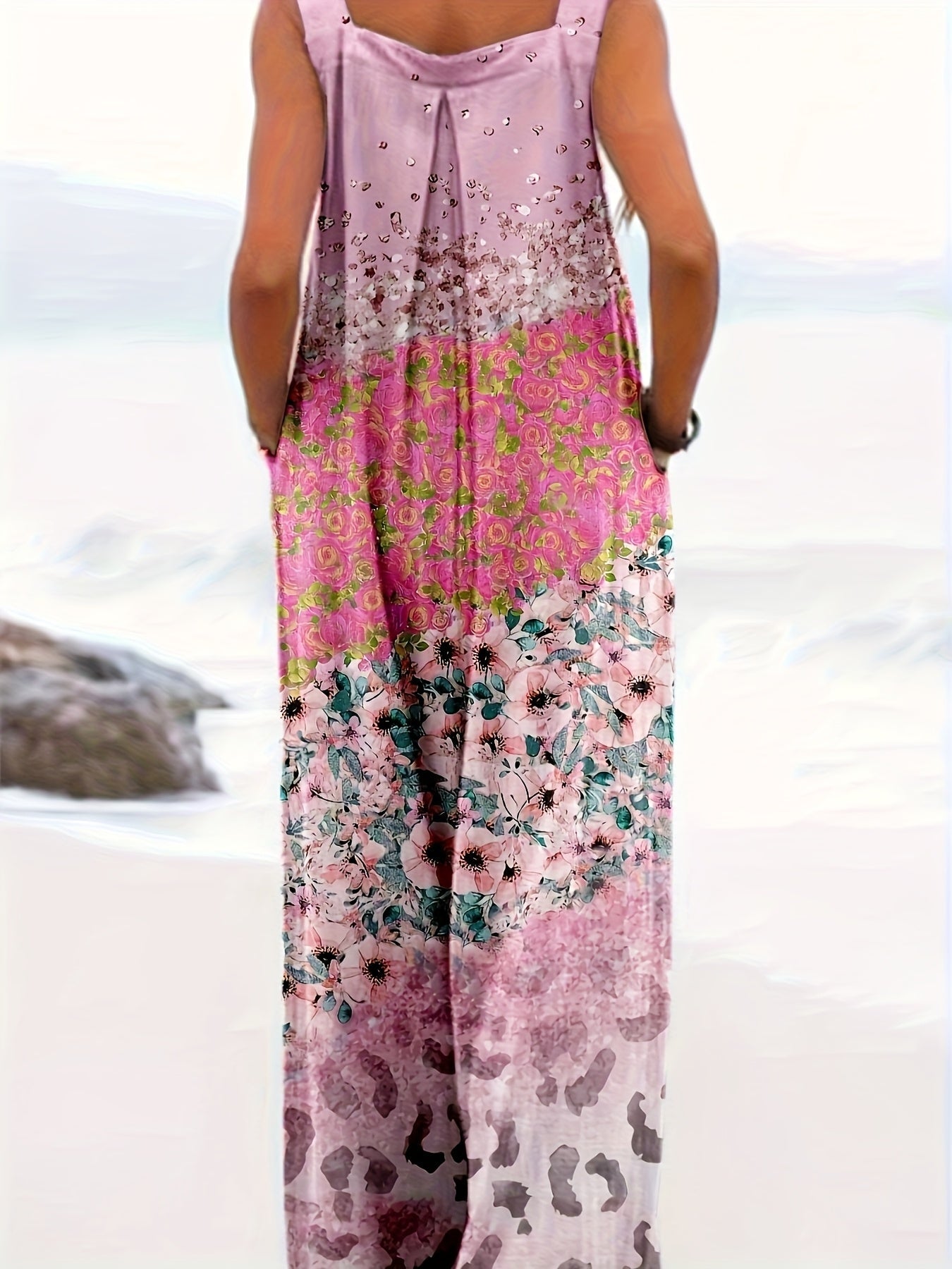 Women's Jumpsuit - Floral Print Square Neck detail view