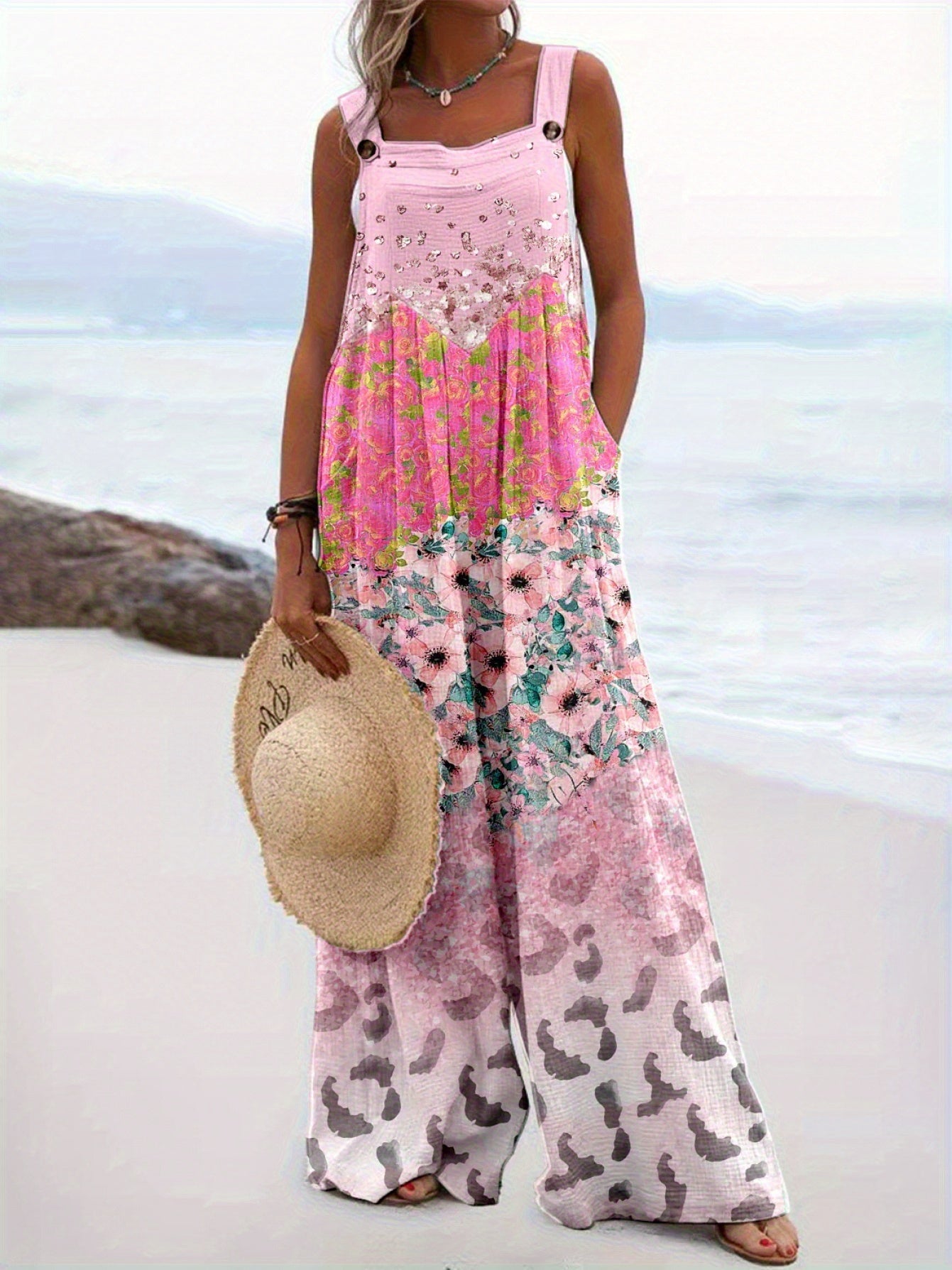 Women's Jumpsuit - Floral Print Square Neck – Pink option – main product image
