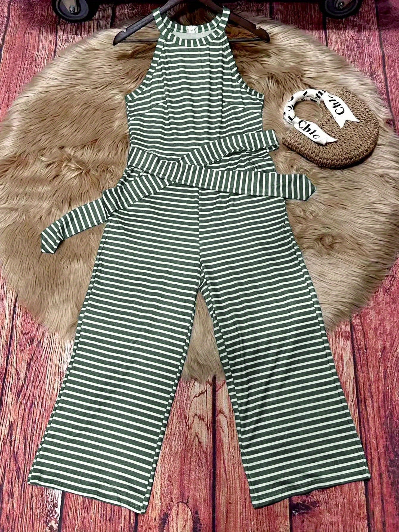 Women's Jumpsuit - Striped Halter Neck detail view