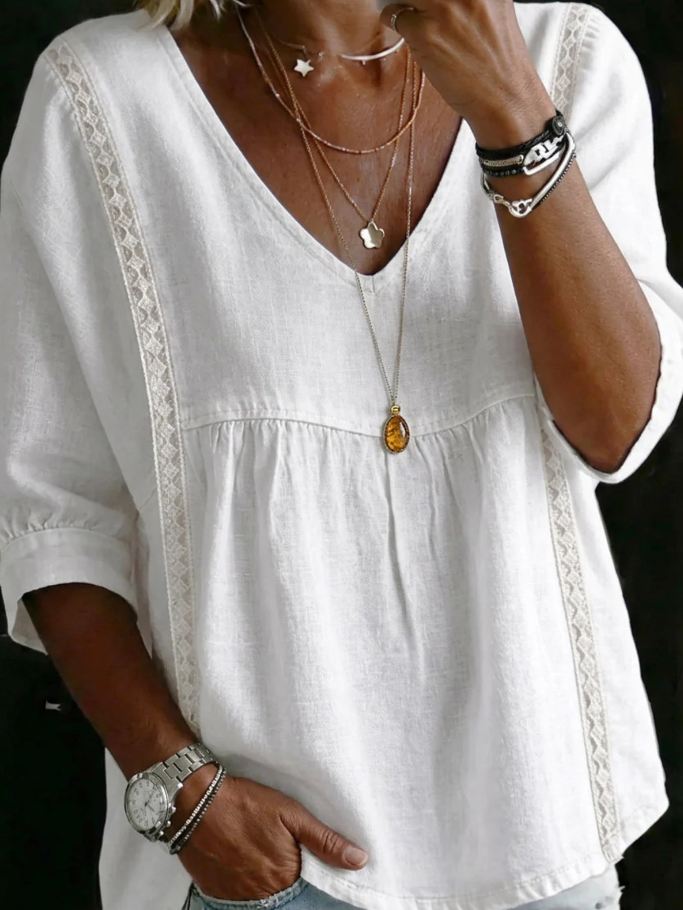 Women's Lace Blouse - Lace Detail – 3/4 Sleeve detail view