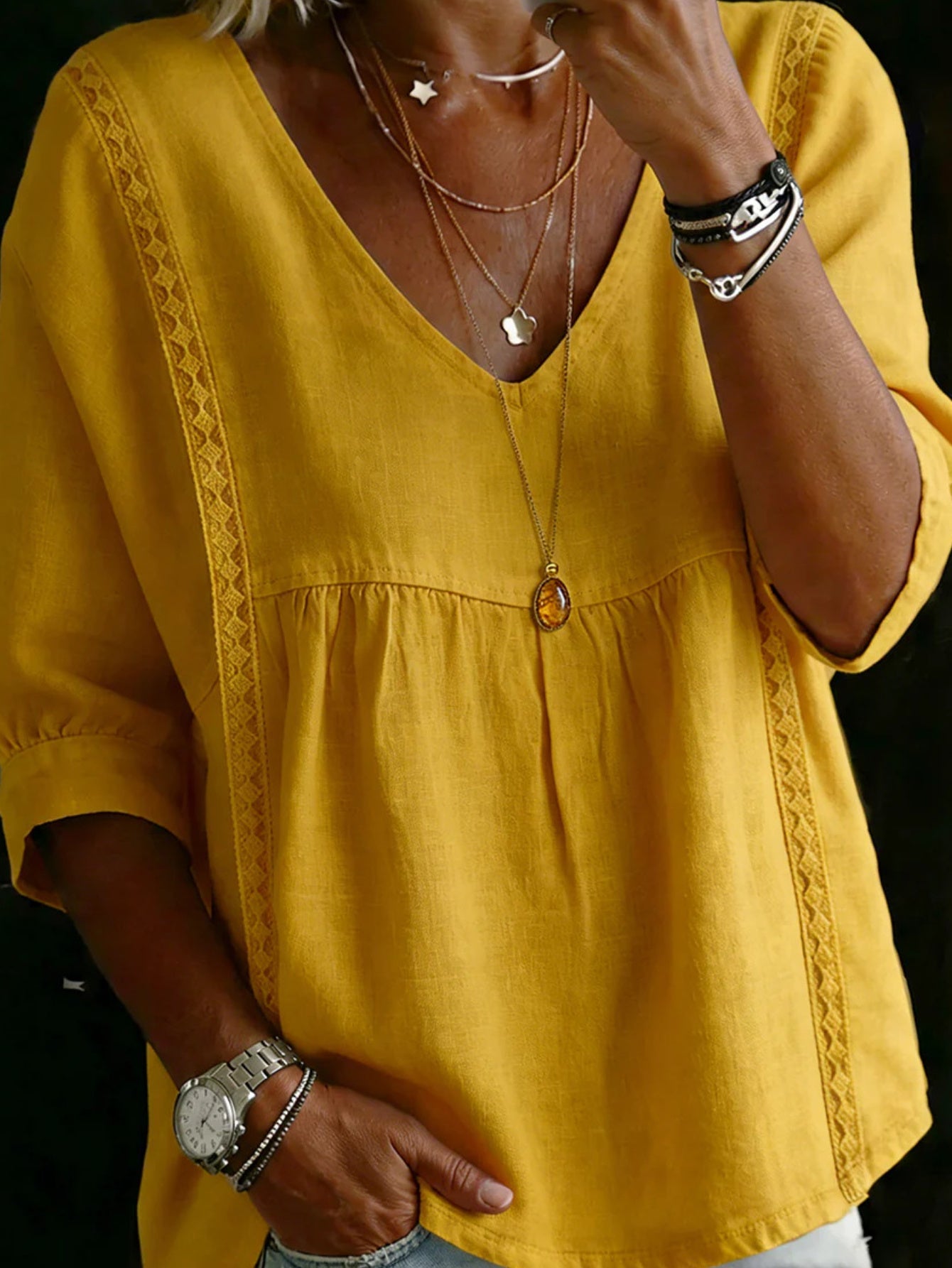 Women's Lace Blouse - Lace Detail – 3/4 Sleeve – Yellow option – view 2