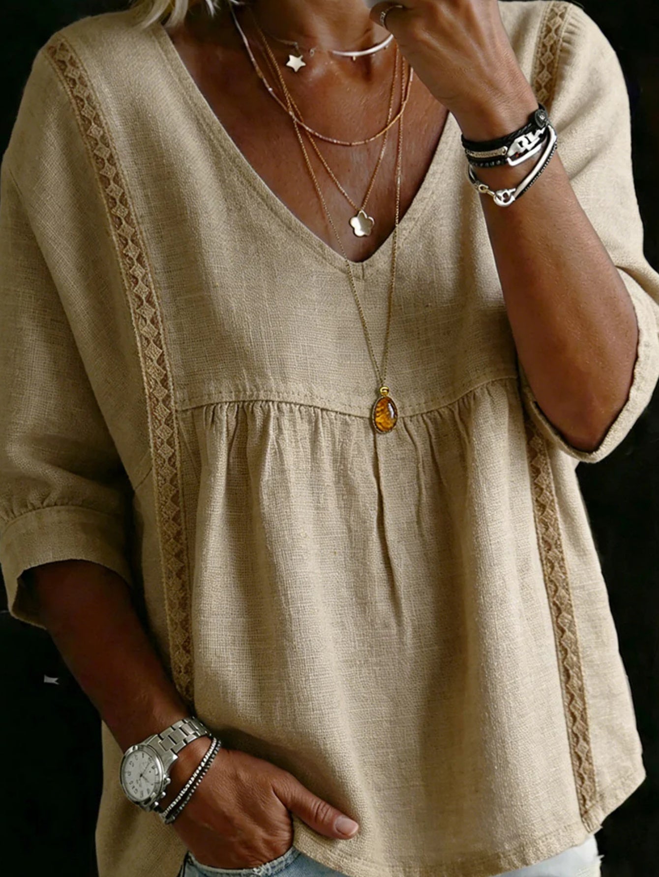 Women's Lace Blouse - Lace Detail – 3/4 Sleeve – Yellow option – view 5