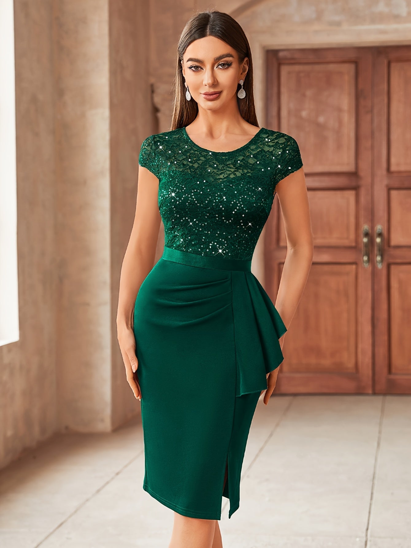 Women's Lace Crew Neck Midi Bodycon Dress - Ruffle detail view