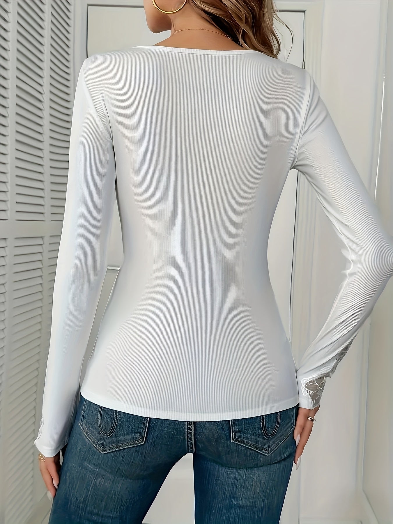 Women's Lace Detail Blouse - Classic Neck Long Sleeve detail view