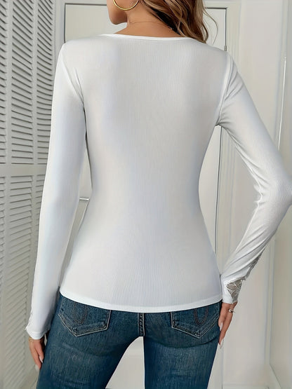 Women's Lace Detail Blouse - Classic Neck Long Sleeve detail view