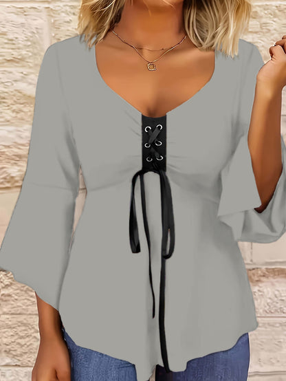 Women's Lace Detail Blouse - Classic Neck Short Sleeve – Black detail view