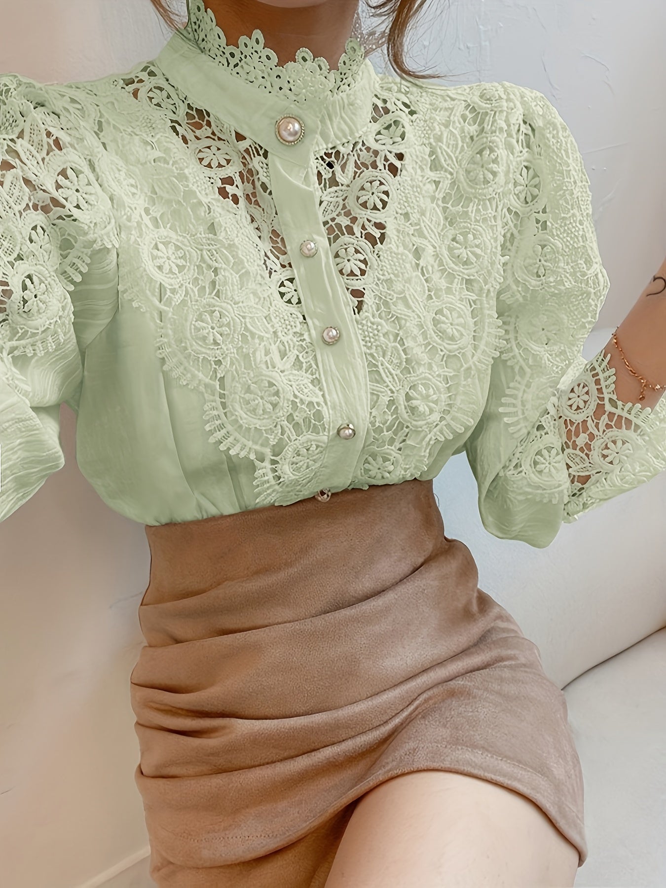 Women's Lace Detail Blouse - Classic Neck Short Sleeve – Sizes S–XXL detail view