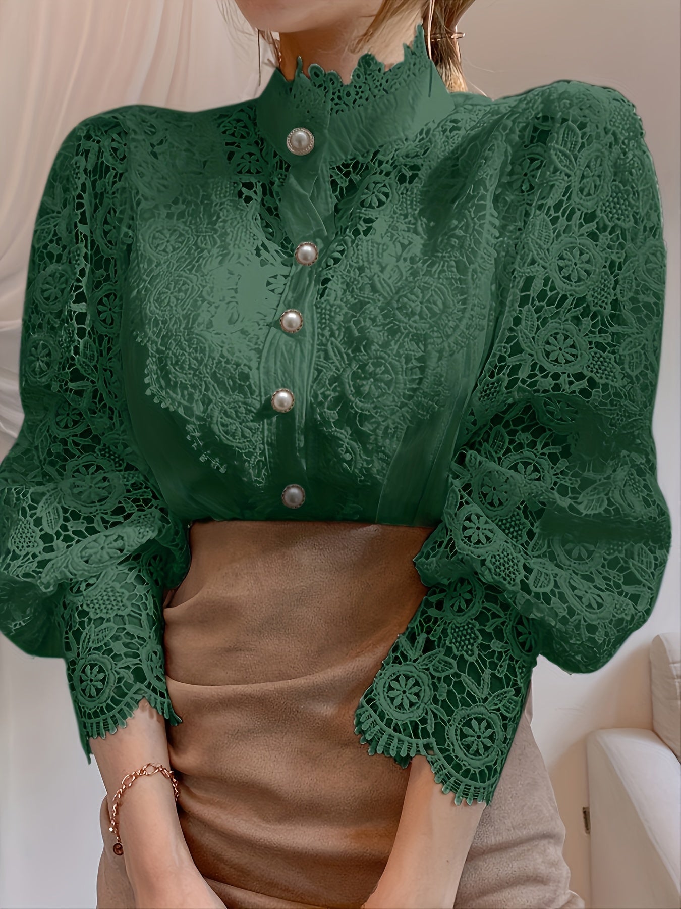 Women's Lace Detail Blouse - Classic Neck Short Sleeve – Sizes S–XXL detail view