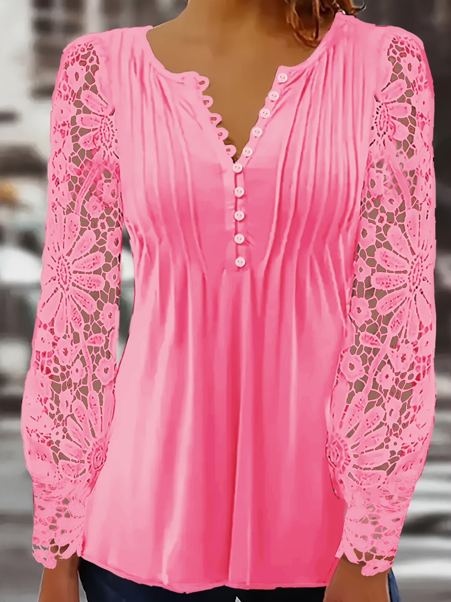 Women's Lace Detail Blouse - Collared Short Sleeve detail view