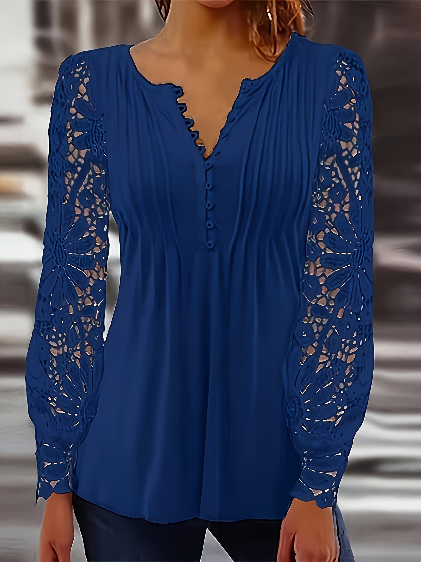 Women's Lace Detail Blouse - Collared Short Sleeve detail view