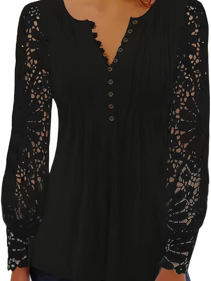 Women's Lace Detail Blouse - Collared Short Sleeve detail view