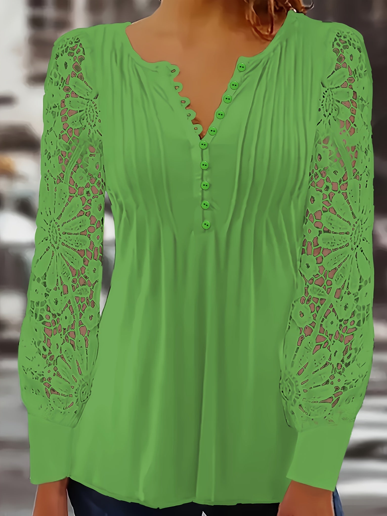 Women's Lace Detail Blouse - Collared Short Sleeve detail view