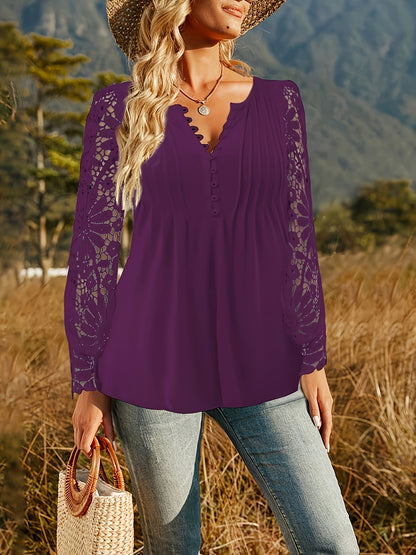 Women's Lace Detail Blouse - Collared Short Sleeve – Purple option – view 5