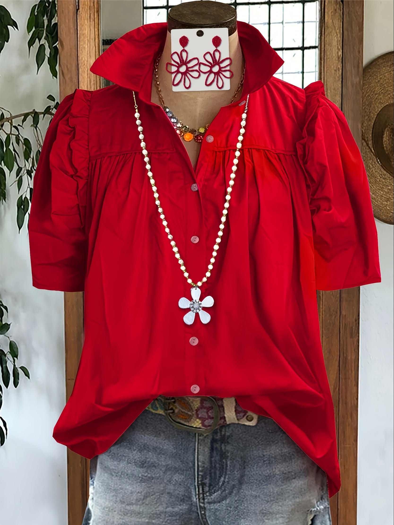 Women's Lace Detail Blouse - Regular Fit – Red detail view
