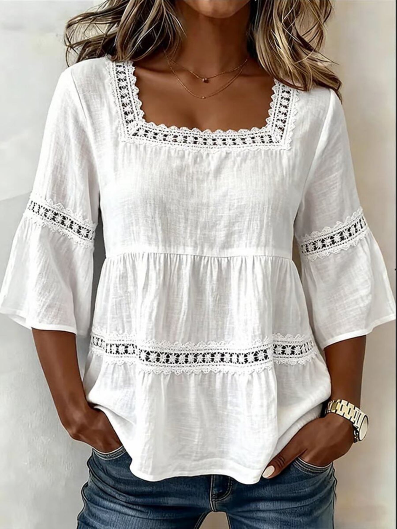 Women's Lace Detail Blouse - Square Neck Three-Quarter Sleeve – view 2