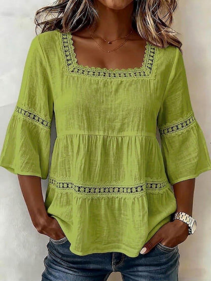 Women's Lace Detail Blouse - Square Neck Three-Quarter Sleeve detail view