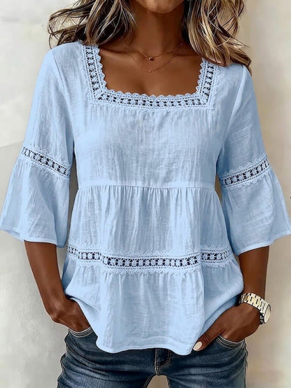 Women's Lace Detail Blouse - Square Neck Three-Quarter Sleeve detail view