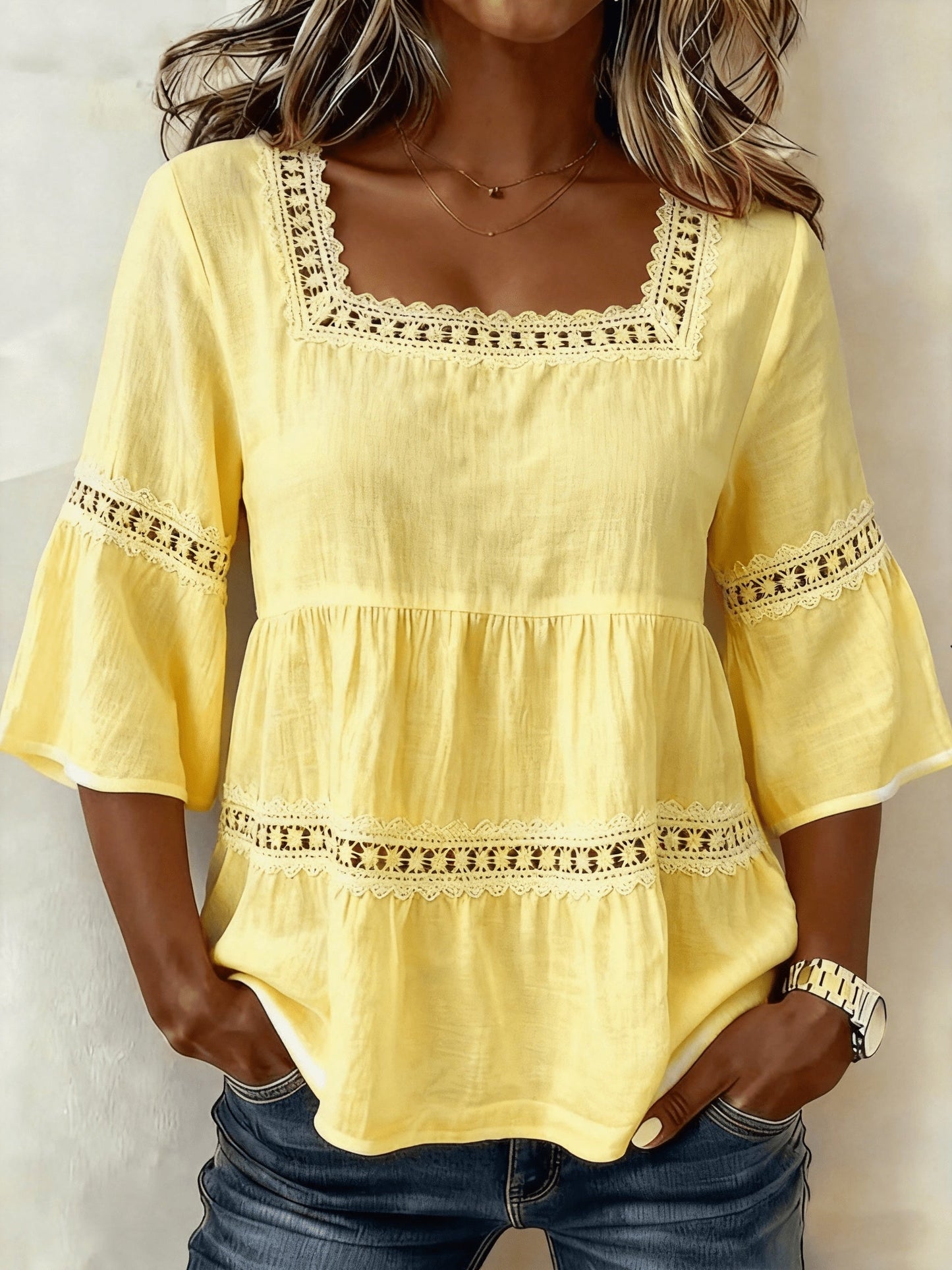Women's Lace Detail Blouse - Square Neck Three-Quarter Sleeve – view 7