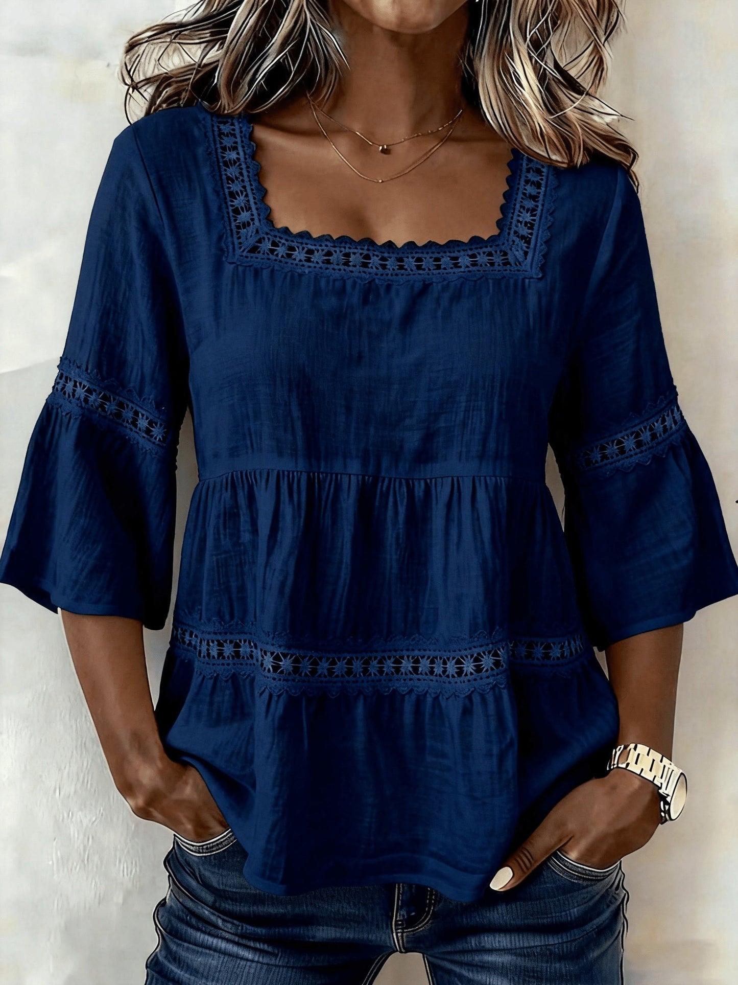 Women's Lace Detail Blouse - Square Neck Three-Quarter Sleeve – view 8