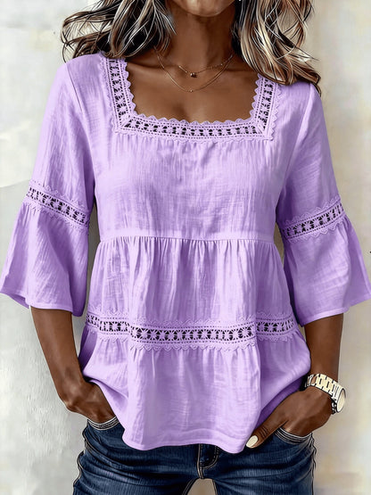 Women's Lace Detail Blouse - Square Neck Three-Quarter Sleeve – view 9