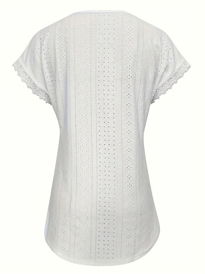 Women's Lace Detail Blouse - V-Neck Short Sleeve detail view