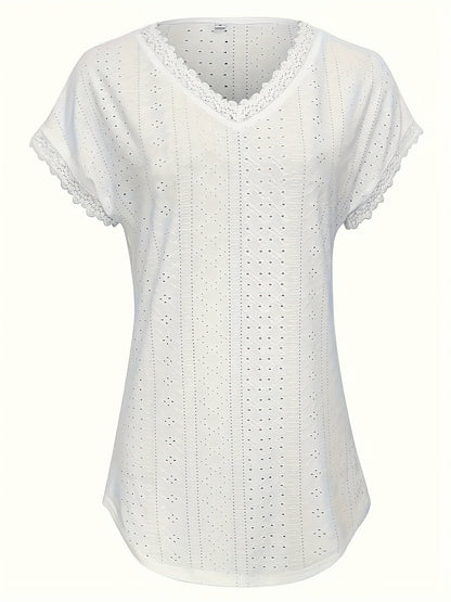 Women's Lace Detail Blouse - V-Neck Short Sleeve detail view