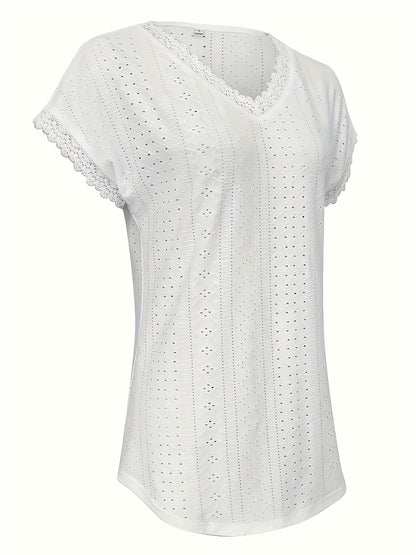 Women's Lace Detail Blouse - V-Neck Short Sleeve detail view