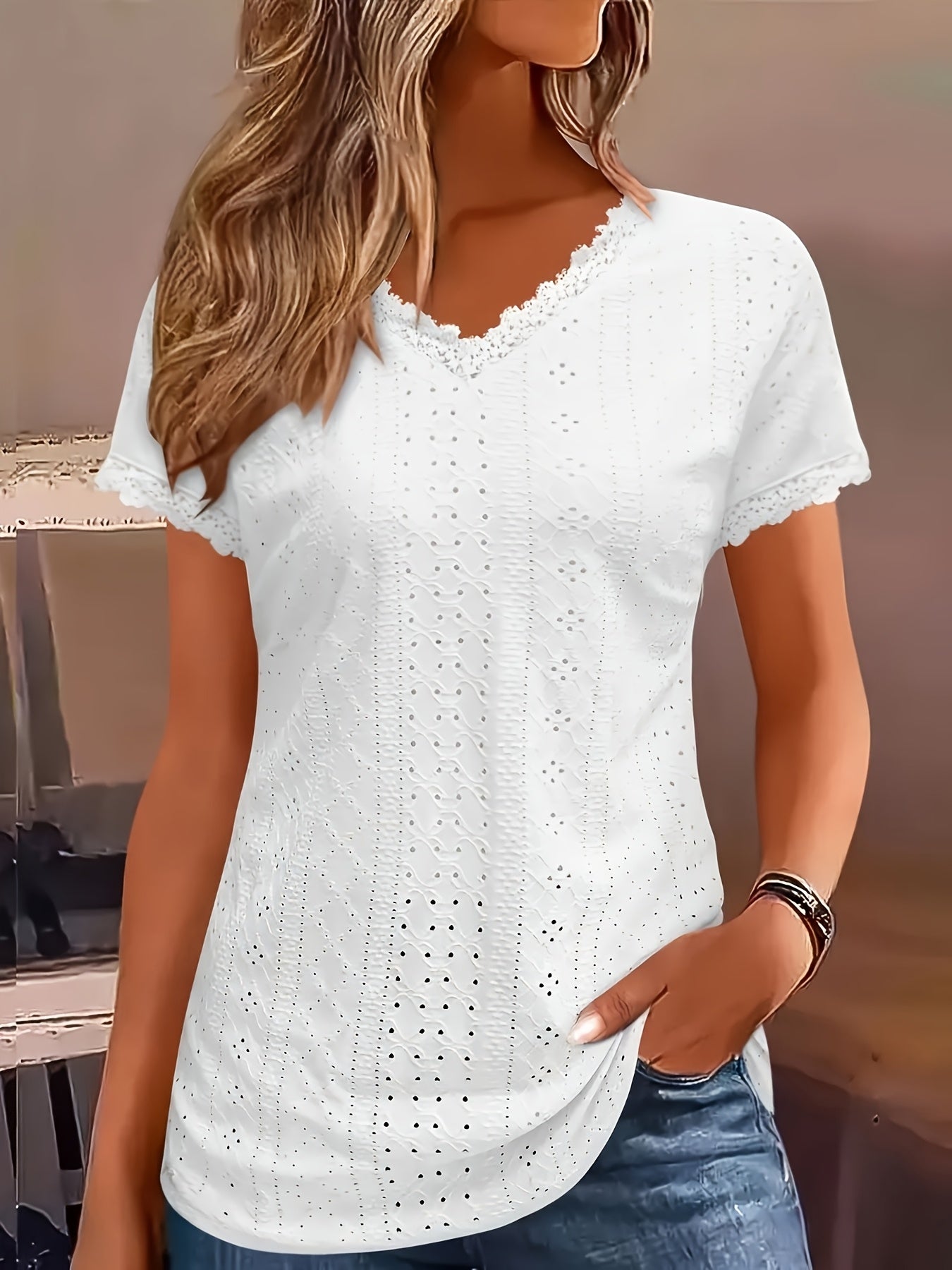 Women's Lace Detail Blouse - V-Neck Short Sleeve detail view