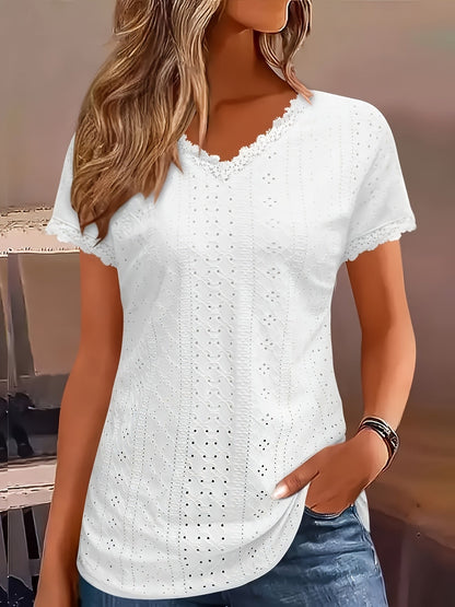 Women's Lace Detail Blouse - V-Neck Short Sleeve – White option – main product image