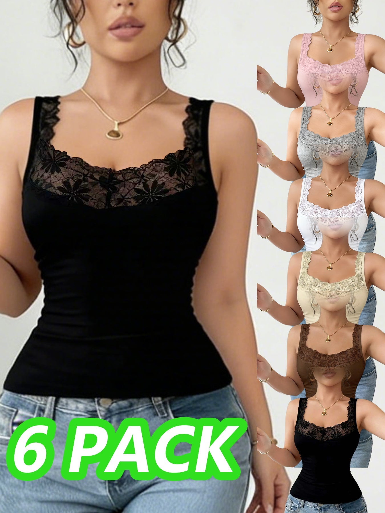 Women's Lace Detail Camisole - 6-Pack Classic Neck Sleeveless – Black option – main product image