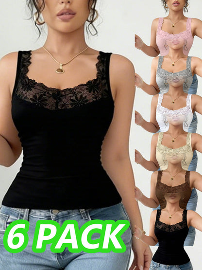 Women's Lace Detail Camisole - 6-Pack Classic Neck Sleeveless – Black option – main product image