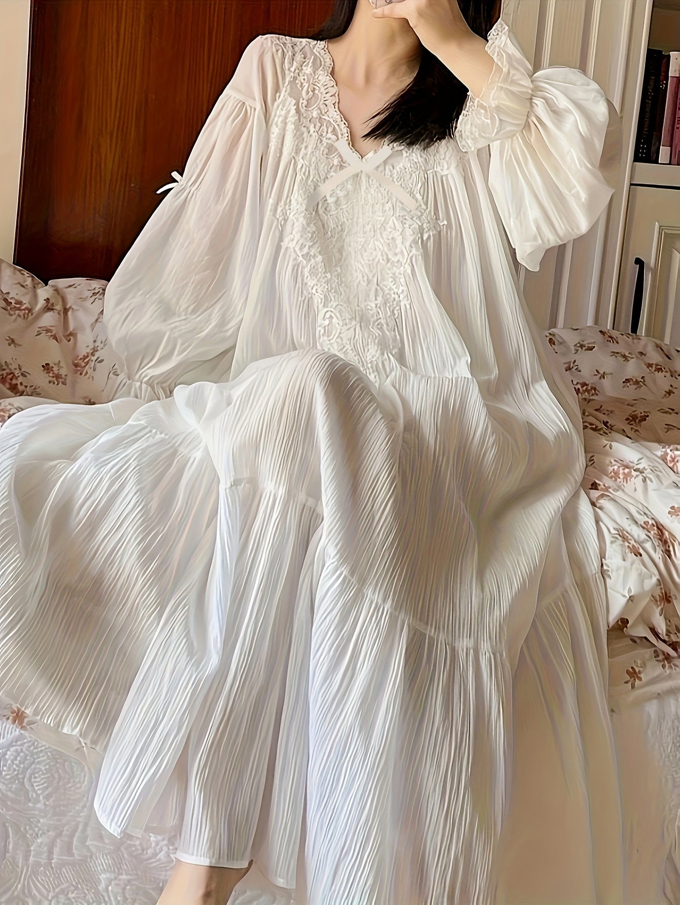 Women's Lace Detail Nightgown - V-Neck Long Sleeve detail view