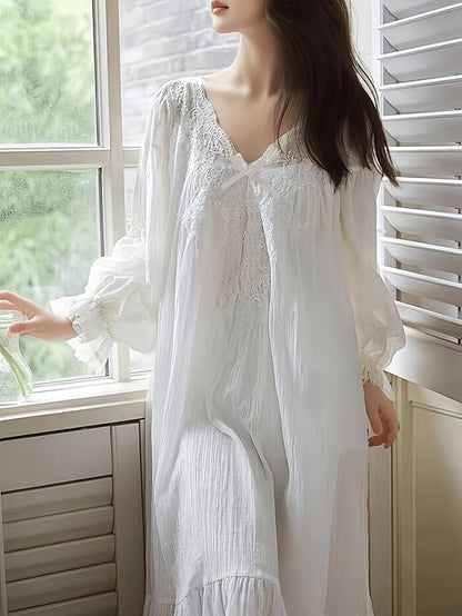 Women's Lace Detail Nightgown - V-Neck Long Sleeve detail view