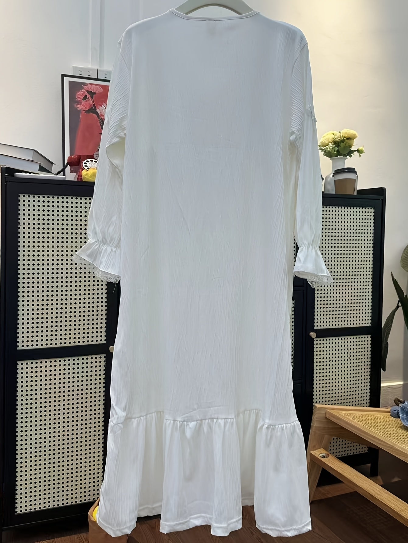 Women's Lace Detail Nightgown - V-Neck Long Sleeve detail view