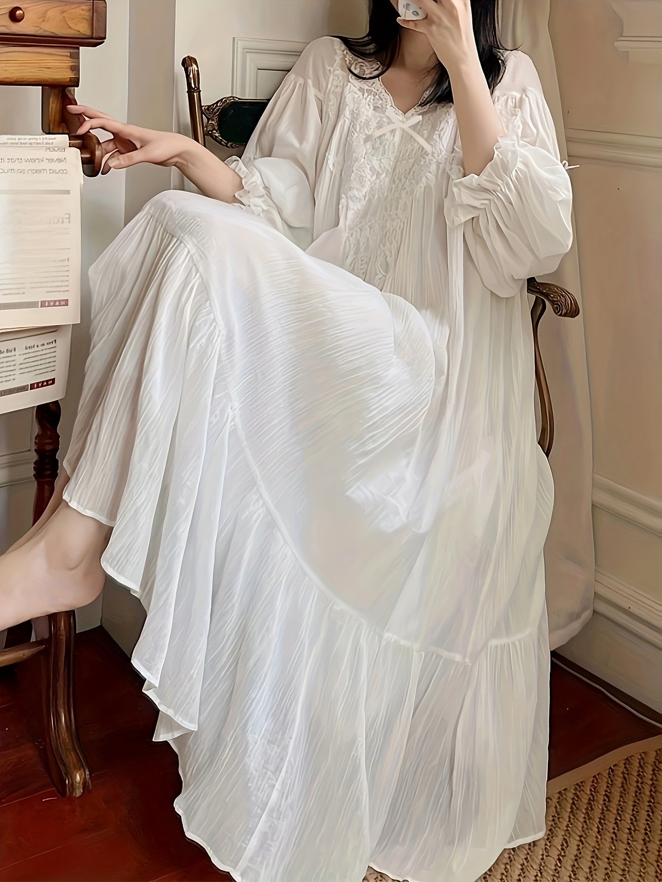 Women's Lace Detail Nightgown - V-Neck Long Sleeve – White option – main product image