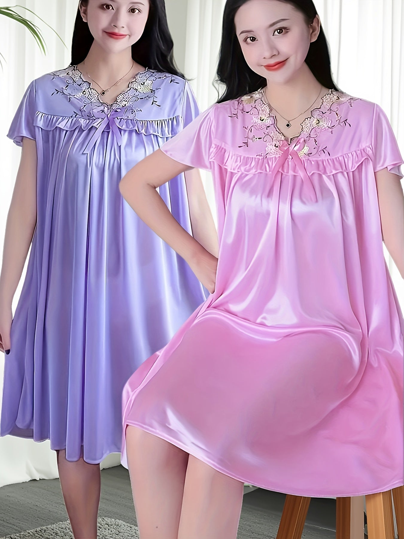Women's Lace Detail Nightgown - V-Neck Short Sleeve – main product image