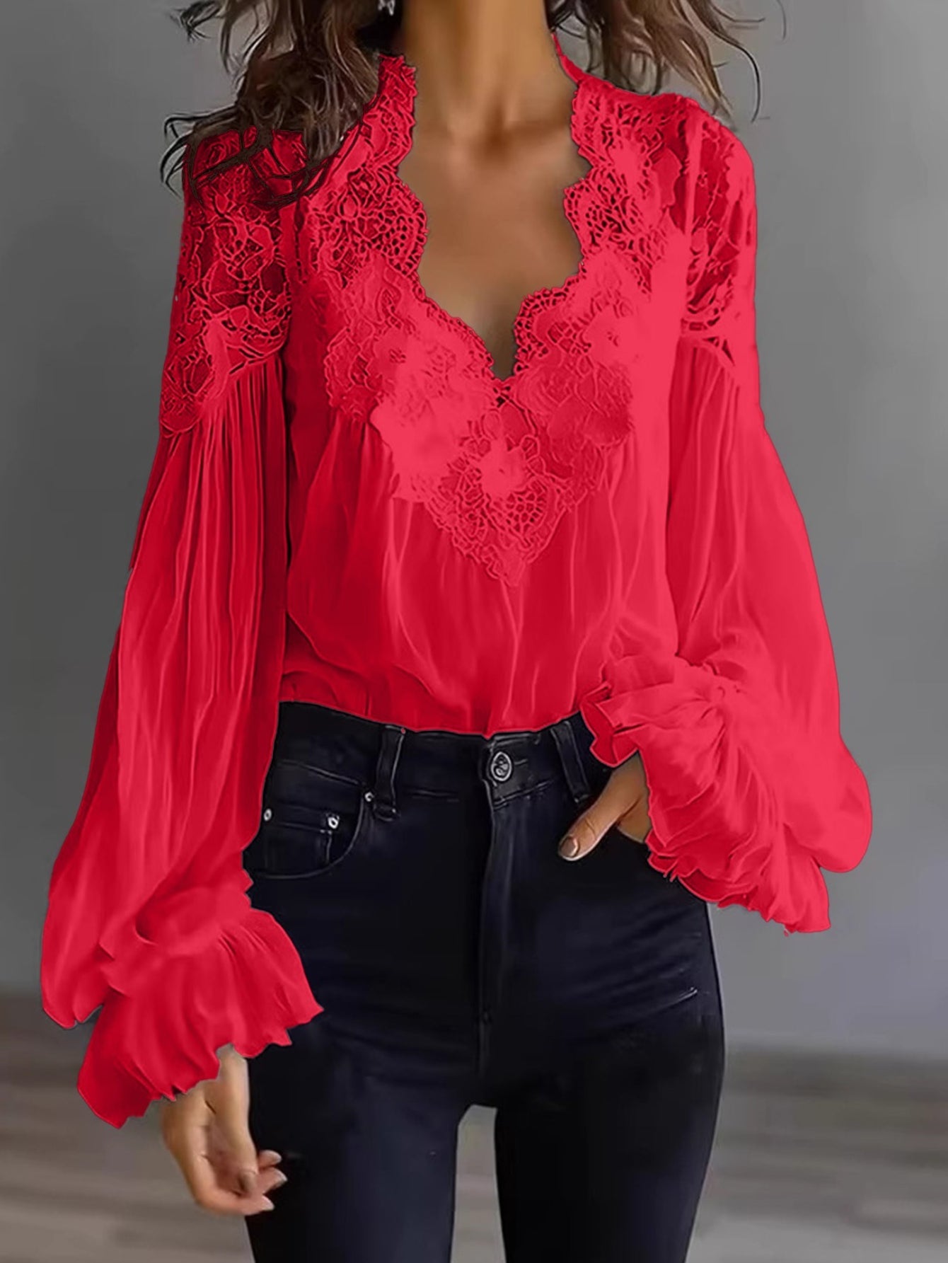 Women's Lace Detail Shirt - Short Sleeve – Red / Black detail view