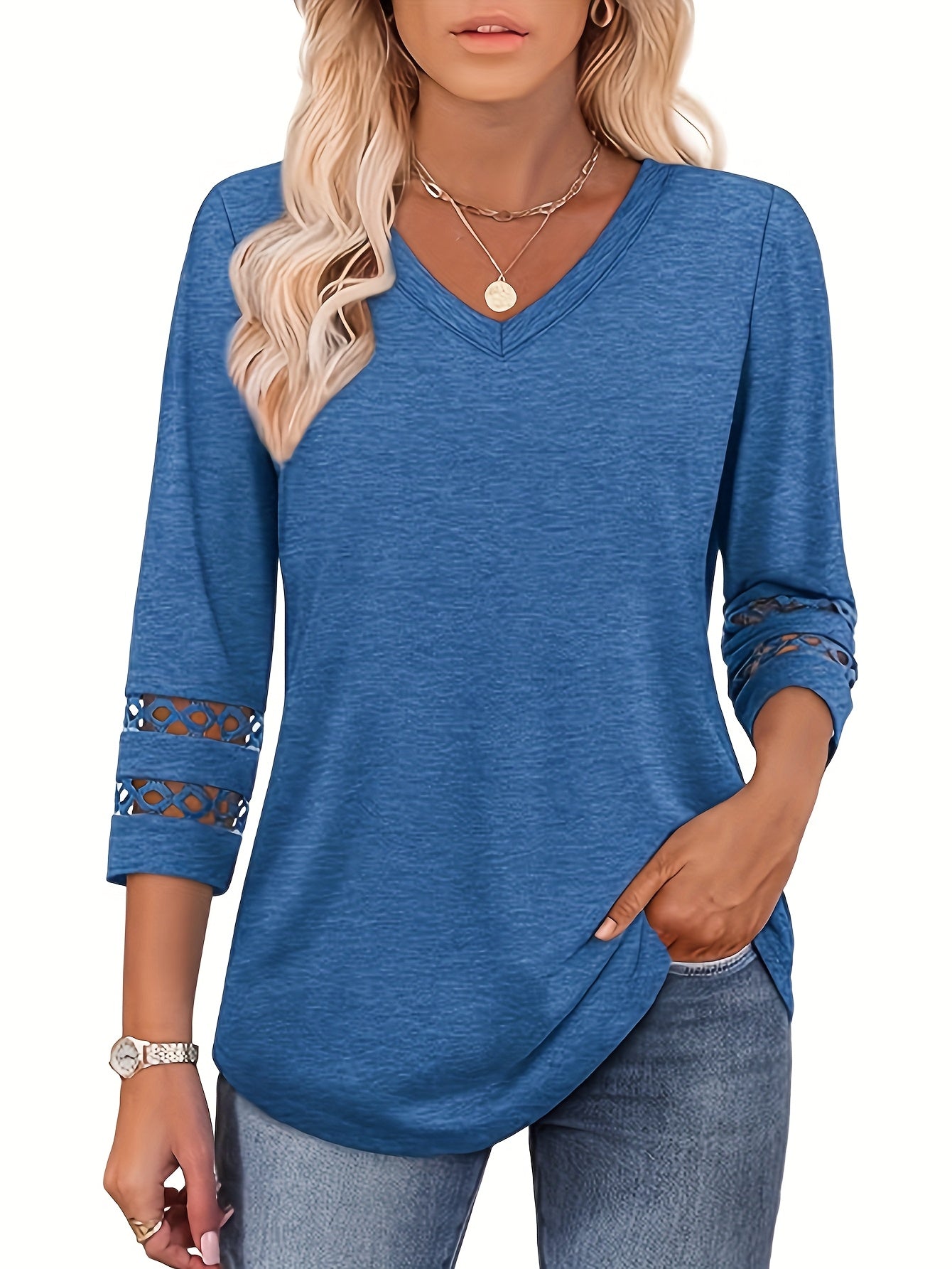 Women's Lace Detail T-Shirt - V-Neck Three-Quarter Sleeve detail view