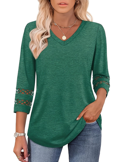 Women's Lace Detail T-Shirt - V-Neck Three-Quarter Sleeve detail view