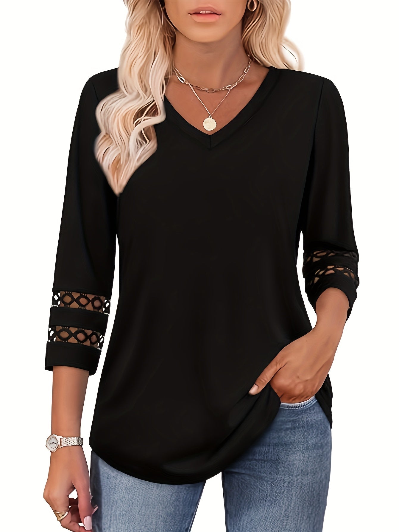 Women's Lace Detail T-Shirt - V-Neck Three-Quarter Sleeve detail view