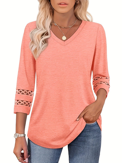Women's Lace Detail T-Shirt - V-Neck Three-Quarter Sleeve detail view