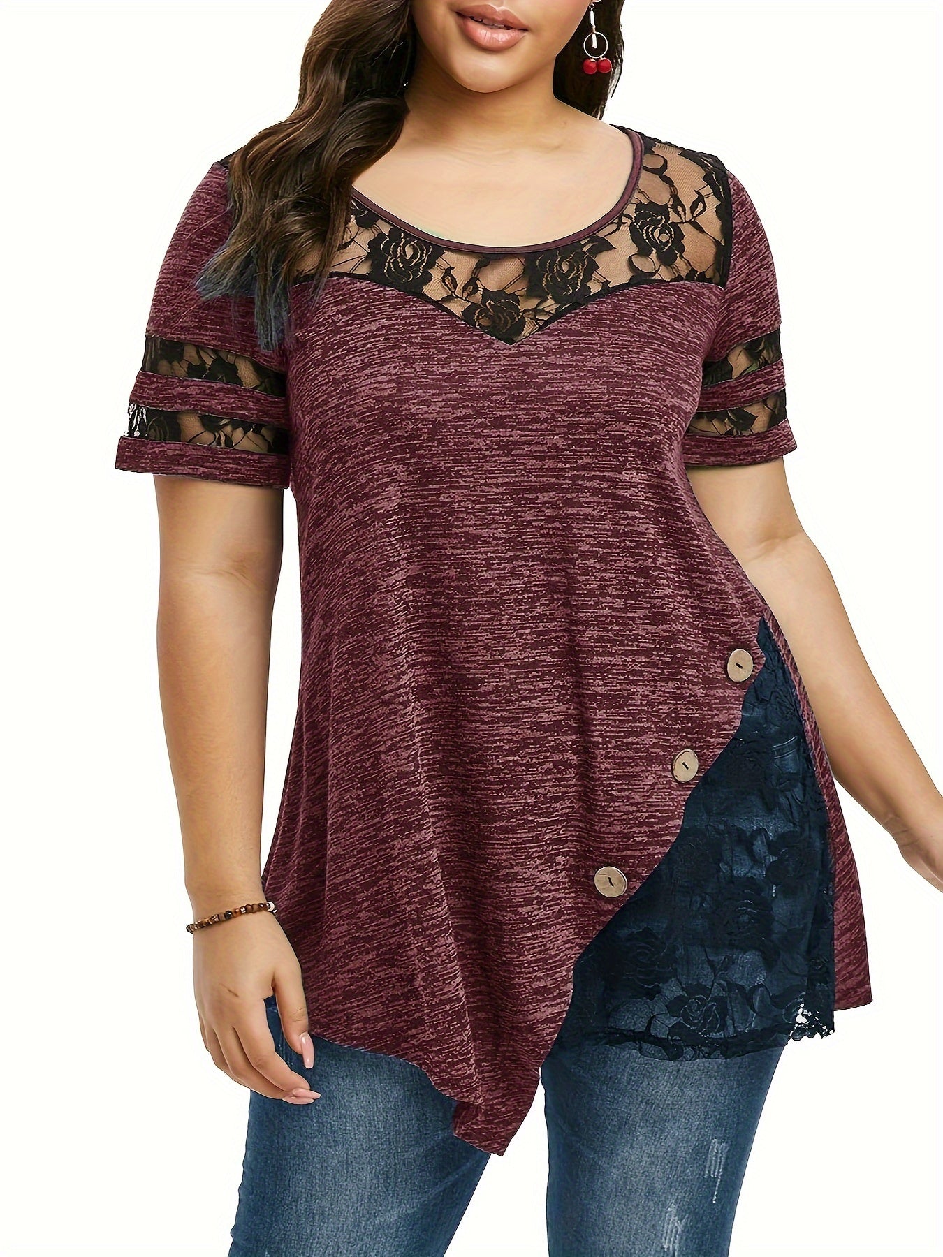 Women's Lace Detail Tunic - V-Neck Short Sleeve – Gray option – view 2