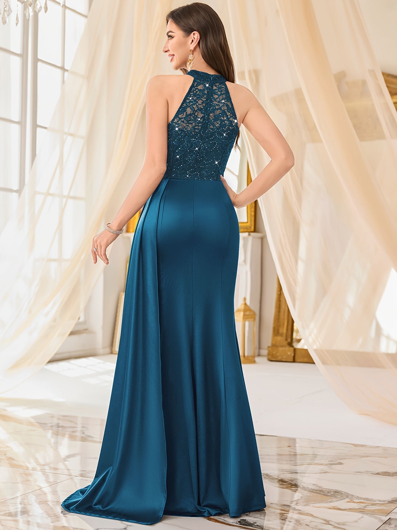 Women's Lace Halter Neck Maxi Bodycon Dress - Sleeveless detail view