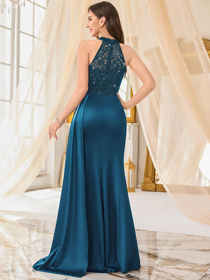 Women's Lace Halter Neck Maxi Bodycon Dress - Sleeveless detail view