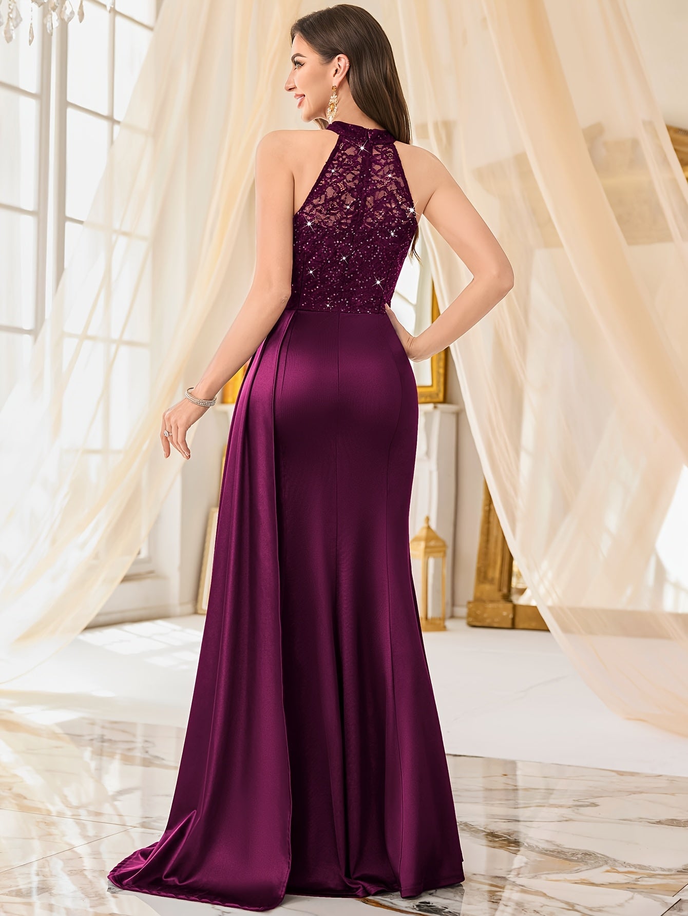 Women's Lace Halter Neck Maxi Bodycon Dress - Sleeveless detail view