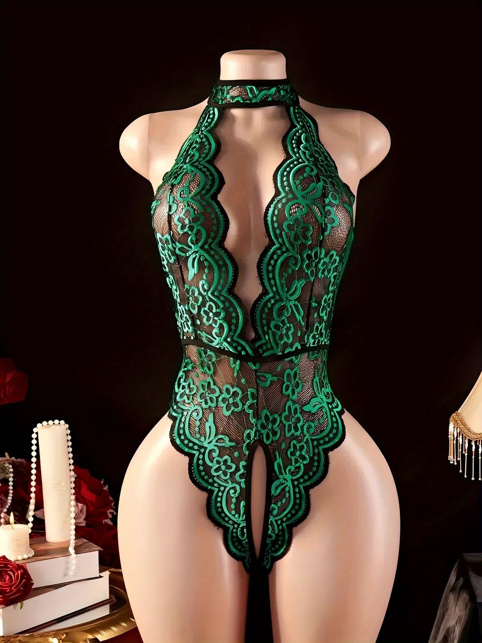 Women's Lace Lingerie Bodysuit - Deep-V Open-Back Lace Design – Red / Blue – view 13